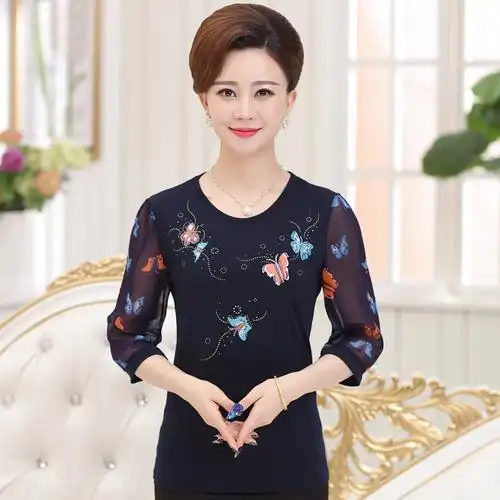 828新款母亲节中老年女装夏装雪纺长袖t恤中年人40-50岁妈妈装上衣