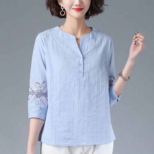 中年妈妈秋装长袖纯棉t恤女夏中袖棉麻七分袖中老年早秋上衣