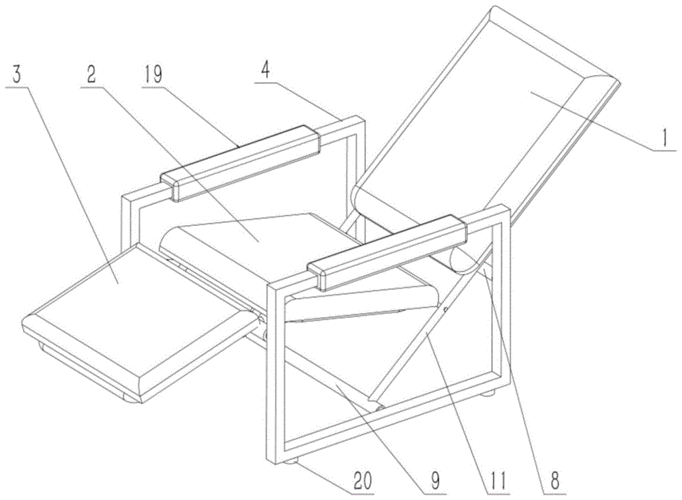 背景技术::目前的躺椅结构中,座垫是固定不动的,而靠背和搁脚垫都是要
