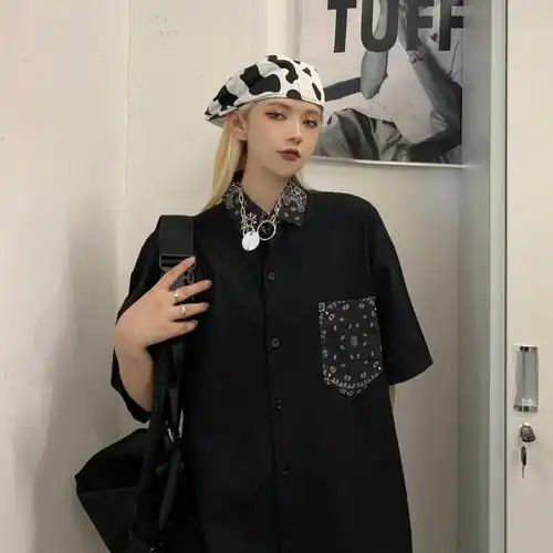 痞帅衬衫恤女2021年新款夏季韩版ins小众拼接衬衫