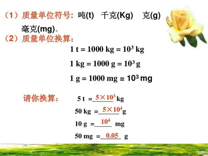 (1)质量单位符号: 吨(t) 千克(kg) 克(g) 毫克(mg)