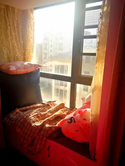 早上阳光出来了,阳光照耀在红毛毯上,整个卧室都是暖色.