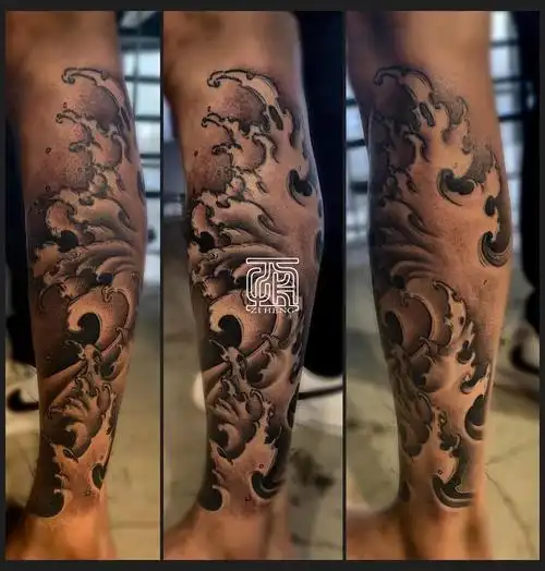 石家庄纹身子恒刺青小腿传统浪花纹身