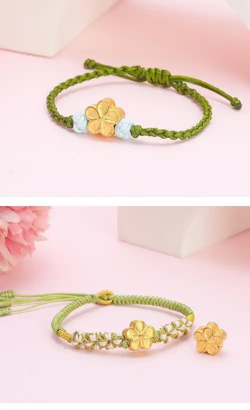 520礼物3d硬金999足金清新小桃花编织手链樱花送女友礼物黄金桃花转运