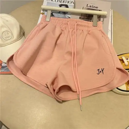 字母刺绣运动短裤女居家外穿休闲裤圆弧边显腿长松紧高腰阔腿热裤
