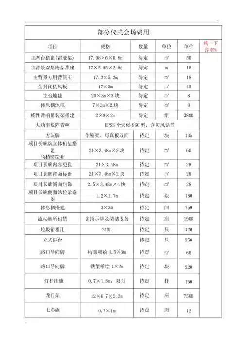 舞台会场布置费用清单