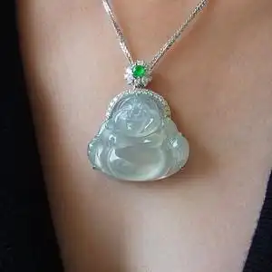 英子珠宝玻璃种强光翡翠大玉佛吊坠挂件天然18k金镶嵌钻石收藏级翡翠