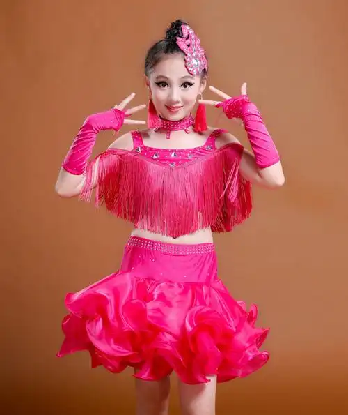 儿童拉丁舞演出服少儿女童拉丁舞裙表演比赛服装新款亮片流苏纱裙