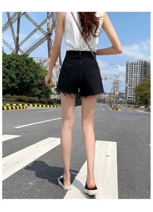 黑色牛仔裤女热裤破洞春夏短裤夏季女新款高腰显瘦毛边辣妹a字 - 17网
