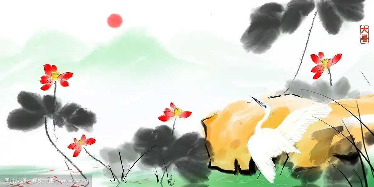 古典水墨画24节气大暑池塘水鸟荷花锦鲤