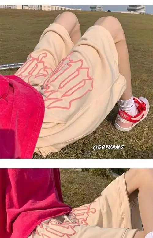 重磅粉色美式复古篮球短裤男设计感小众运动裤子高街潮ins五分裤 - 17