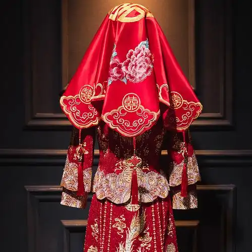 结婚新娘红盖头2021新款中式秀禾服婚礼出嫁古风软头纱蒙头巾喜帕
