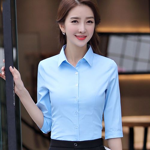 春夏女中袖衬衫修身透气高棉质白领工装七分袖职业装白色衬衣正装