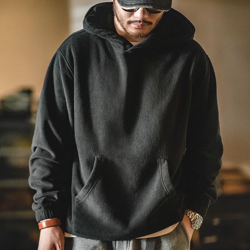 马登工装 摇粒绒连帽卫衣加厚保暖叠穿套头衫加绒卫衣外套男秋冬 黑色