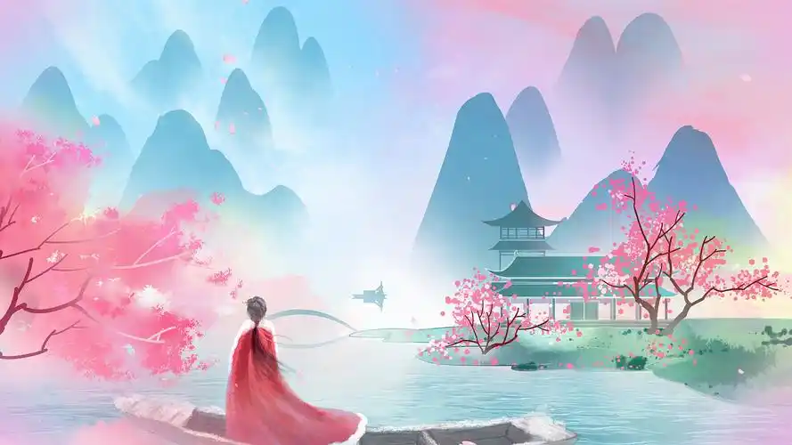 4k中国风水墨山水粉色飘落春分樱花蓝眼睛背景mp4春分樱花-蓝眼睛背景