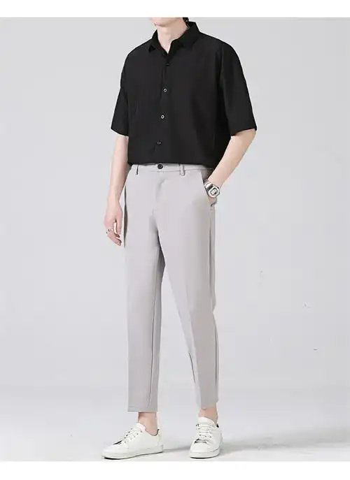 冰丝透气夏季九分西裤男宽松韩版休闲裤短袖五分袖衬衫两件套潮009白