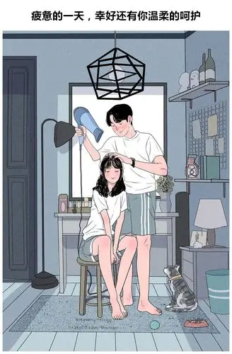漫画师myeong-minho画笔下一对情侣甜甜的恋爱日常,两人一猫