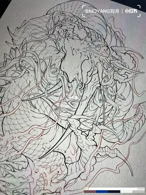 原创新传统半背龙纹身手稿设计