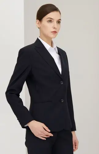 蓝黑暗条纹羊毛混纺春秋商务戗驳领女西装-女装定制 | 拉雅网,拉雅私