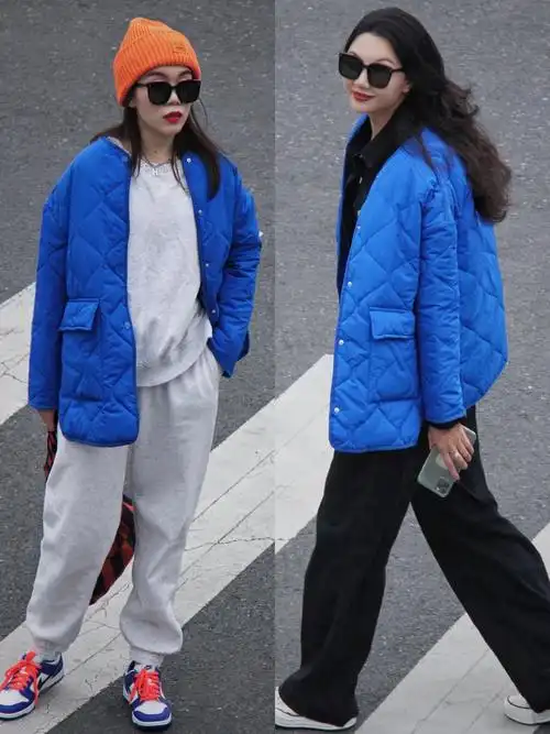 90克莱因蓝棉衣的秋冬搭配娱蓝 黑牛仔盈蓝 橙毛线帽克莱因蓝棉衣