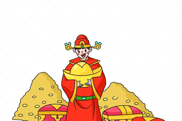 金色元宝和财神爷手绘插画