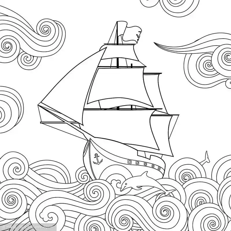 帆船的轮廓图像在波浪中