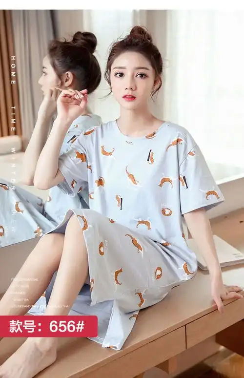 睡裙女夏纯棉韩版卡通可爱学生夏天短袖裙子薄款宽松大码孕妇睡衣