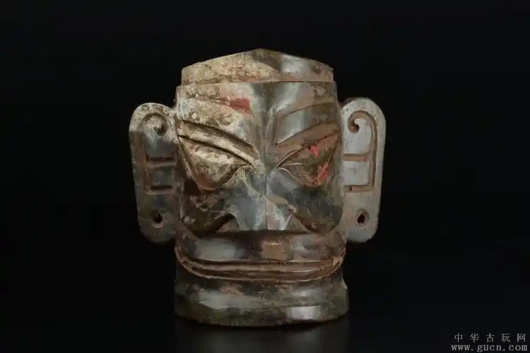 旧藏,高古玉三星堆神人面像摆件