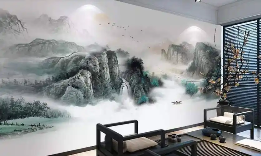 老师们在室内墙绘的水墨山水.