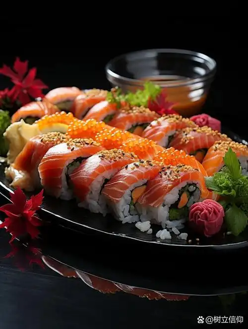 美 食  l  寿 司 一张寿司的真实摄影图,寿司,在黑色镜面盘子中,高级