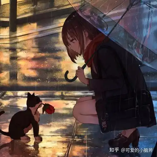 有一张动漫图片是一个女生和一个男生在雨中蹲着撑伞,另一张是男生没