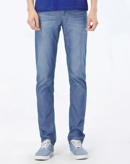 中蓝色摩登猫须轻薄窄脚牛仔裤