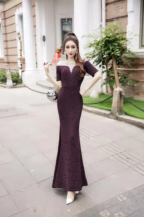 pq74994# 晚礼服女新款长款修身宴会高贵名媛优雅年会主持人包臀鱼尾