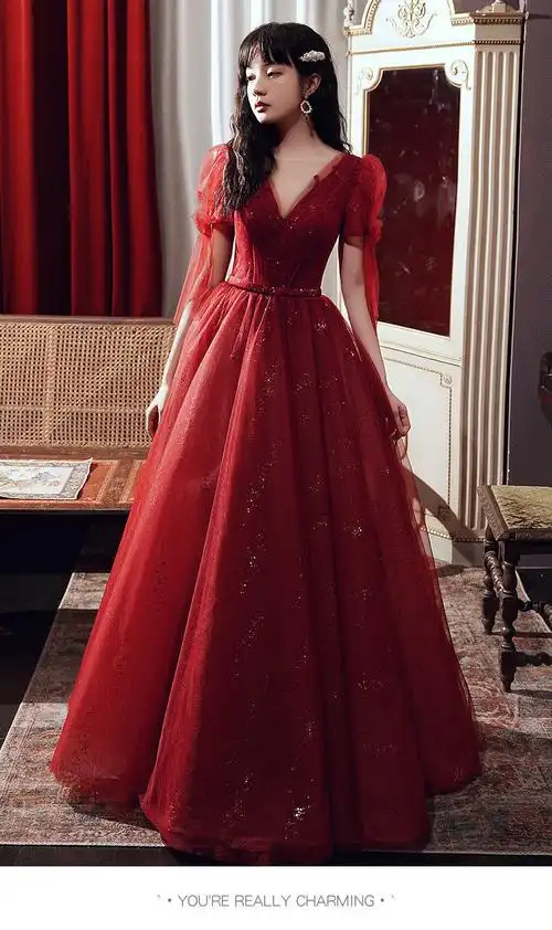 平时可穿晚礼服裙女2022新款酒红色敬酒服新娘气质结婚连衣裙秋季酒