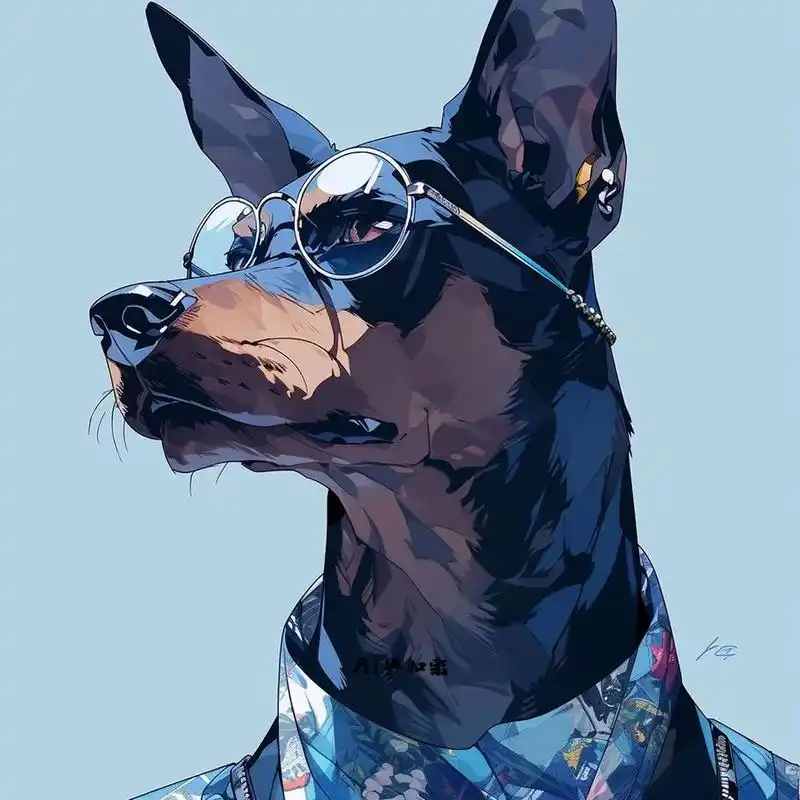 蓝色风暴97戴眼镜的杜宾犬头像插画 杜宾真的好飒哇,不愧是警犬.