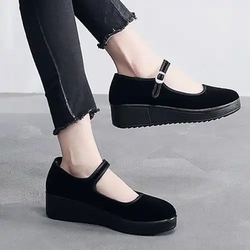 鞋软底跳防滑酒店礼仪工作鞋黑一带传统布鞋单鞋汉烟儿4cm厚底加绒40