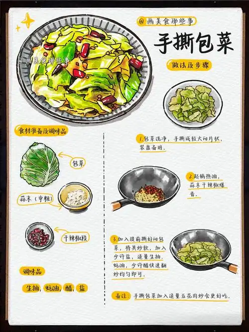 手绘食谱7315家常美食系列之《手撕包菜》