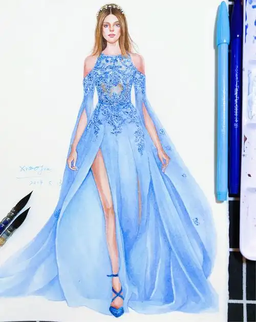 蓝色手绘礼服(过程图)-服装画/服装设计手稿 - 穿针引线服装论坛