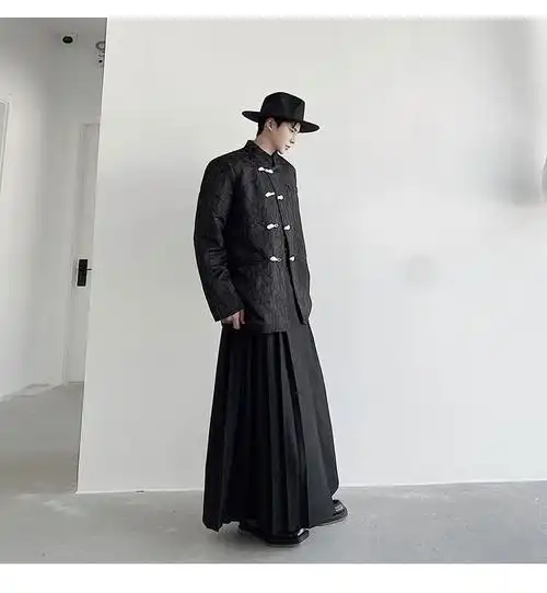 秋季暗黑小众个性性a字裙潮流复古褶皱马面裙时髦男女裙子发型师 黑色