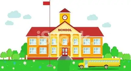panoramic background with school building and school bus in flat