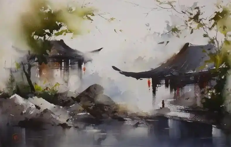 水彩画中的烟雨江南,朦胧梦幻的意境太迷人了!