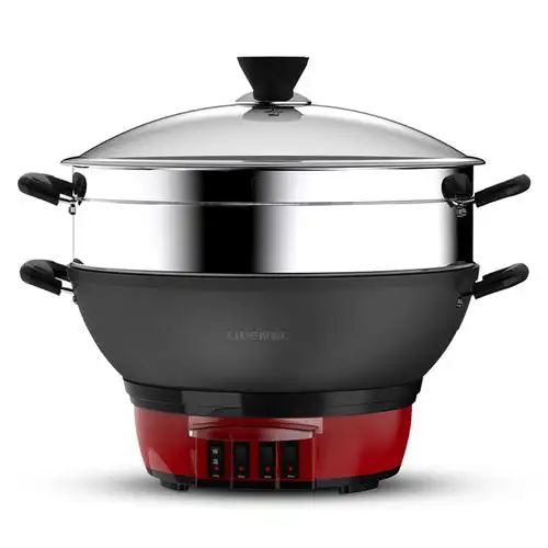 利仁多功能电热锅带蒸笼家用铸铁一体大容量多用电热