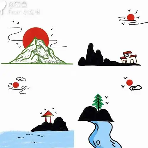 简笔画日落归山海夜色人间微梦清甜