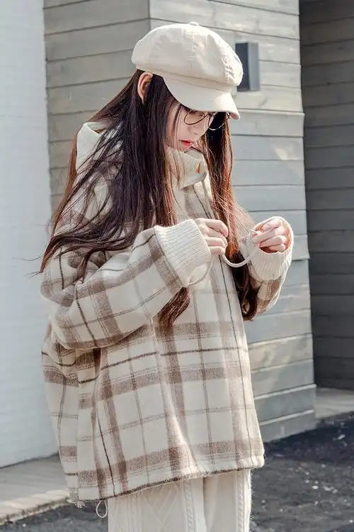 穿搭春装2019韩版假两件加厚毛呢格子休闲卫衣女连帽学生宽松拼接时尚