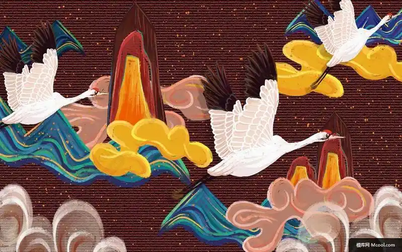 国潮背景古典手绘仙鹤古风手绘