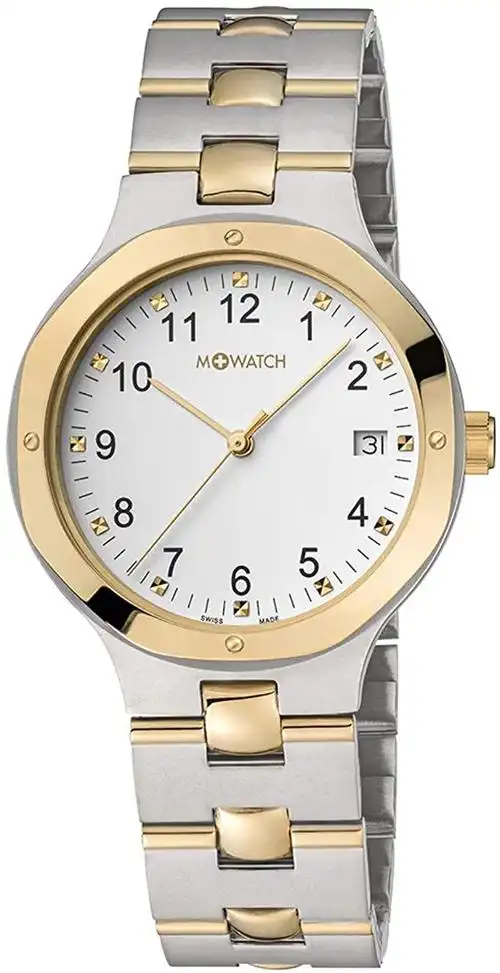 m-watch 金属经典中性款石英手表白色表盘模拟显示和双色不锈钢镀金