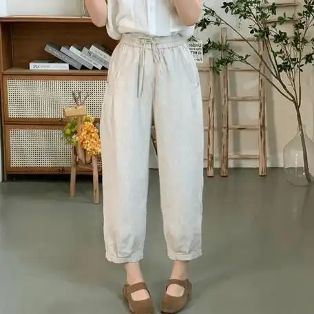 官图2024夏季新款亚麻九分裤休闲时尚百搭纯色系带腰