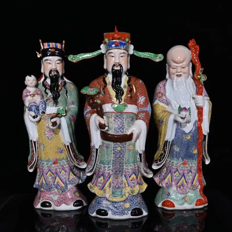 清代福建会馆曾龙升珐琅彩福禄寿三星(56×21cm)