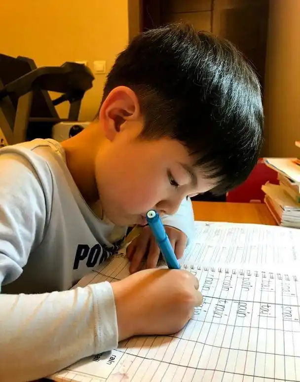 胡可晒安吉写作业,安吉的小胖手写得一手漂亮英文!