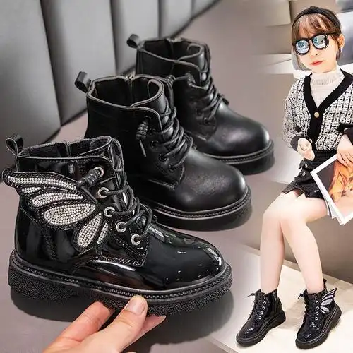 女童时尚冬季漆皮马丁靴新款儿童侧拉链低帮翅膀洋气学生童靴软底